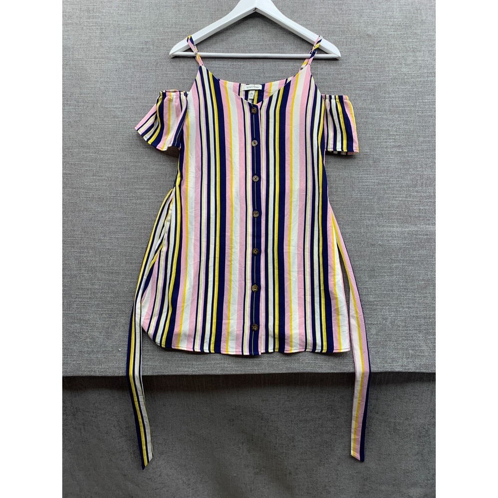 Speechless Tunic Top Womens XS Navy Pink Striped Cold Shoulder Belted Waist